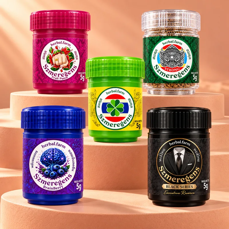 Pięć inhalatorów Szmeregens 5 g na brzoskwiniowych podestach: Fruit Punch, Strong, Classic, BrainBerry i Black Series