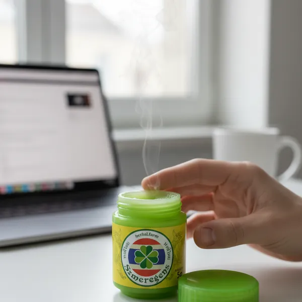 Dłoń odkręcająca Szmeregens Classic przy laptopie